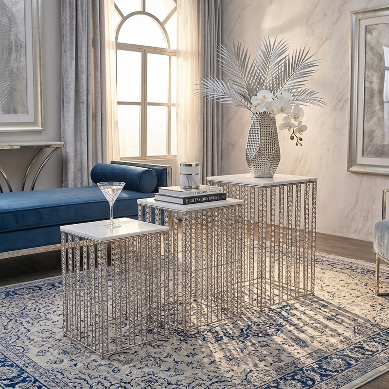 Diquan Marble Top End Table Set, Silver