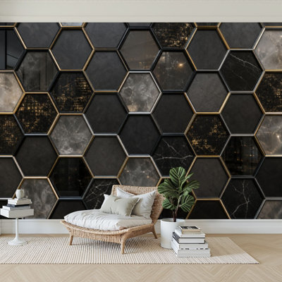 Wall Mural Peel and Stick Wallpaper Marble hexagon tile abstract honeycomb terrazzo wall black gold Self-Adhesive Removable Contact Paper Wall Decor for Living Room Bedroom 100"H x 144"W