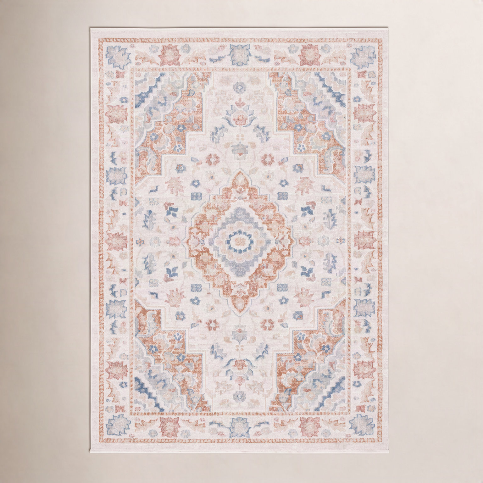 Mayhill Beige Rust Blue Machine Washable Rug, Rectangle 4' x 6'