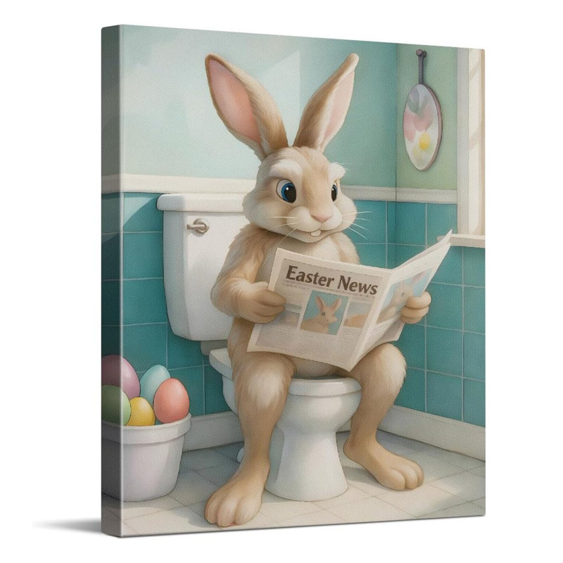 Drôle de lapin lisant des impressions sur toile de journal, art mural sur toile de style salle de bain fantaisiste, décoration de salle de bain, décoration de chambre d'enfant, décorations de thème de lapin de Pâques, reproduction d'art sur toile tendue, 8 po x 10 po