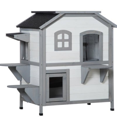 Bungalow pour chat 2 étages - Enclos en bois avec trappe d'évacuation pour chats, toit ouvert, plateformes de saut, maison blanche