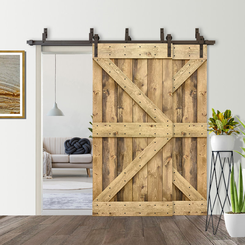 Porte de grange double à panneaux en bois teinté K Series, H 84 po x l 40 po, Chêne vieilli