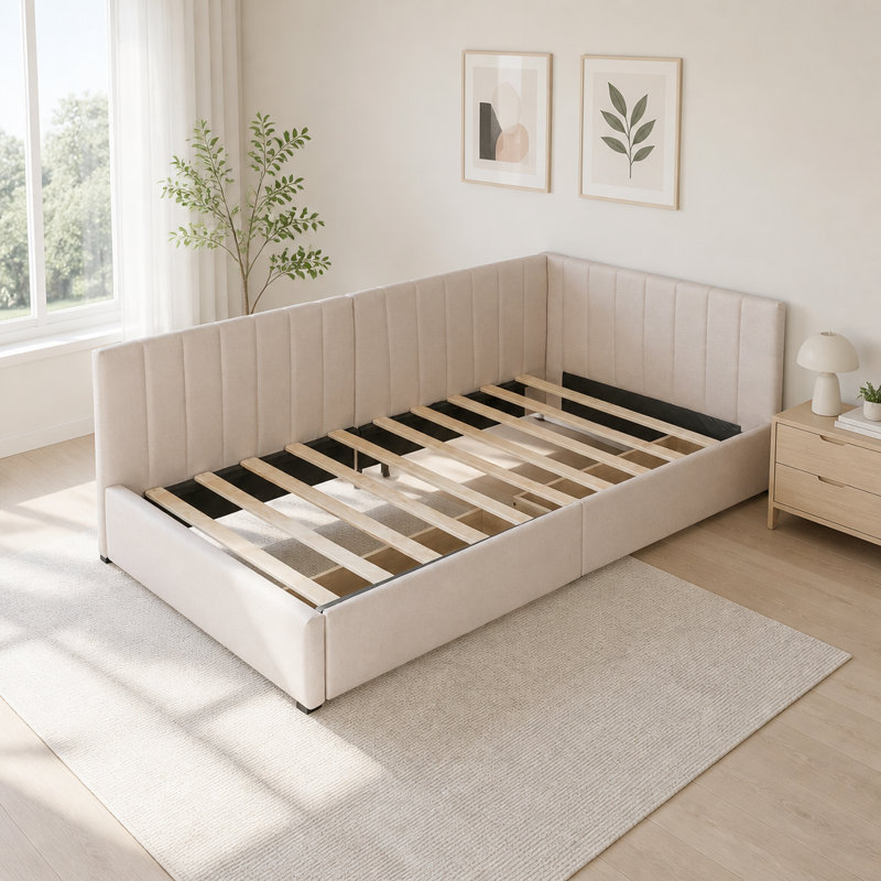 Lit de jour rembourré avec 2 tiroirs de rangement, Beige