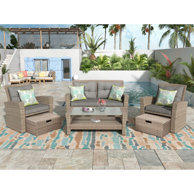 Ensemble de meubles de patio, ensemble de conversation 4 pièces d'extérieur / de patio avec canapé et repose-pieds en osier