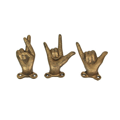 3 antique gold cast iron Rock-On, ASL I Love You and fingers crossed wall hooks, 4.25-inch high