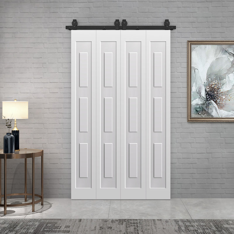 3 PANEL Shaker Composite Double Bi-Fold Door with Sliding Barn Door Hardware Kit, White,  84" x 64"