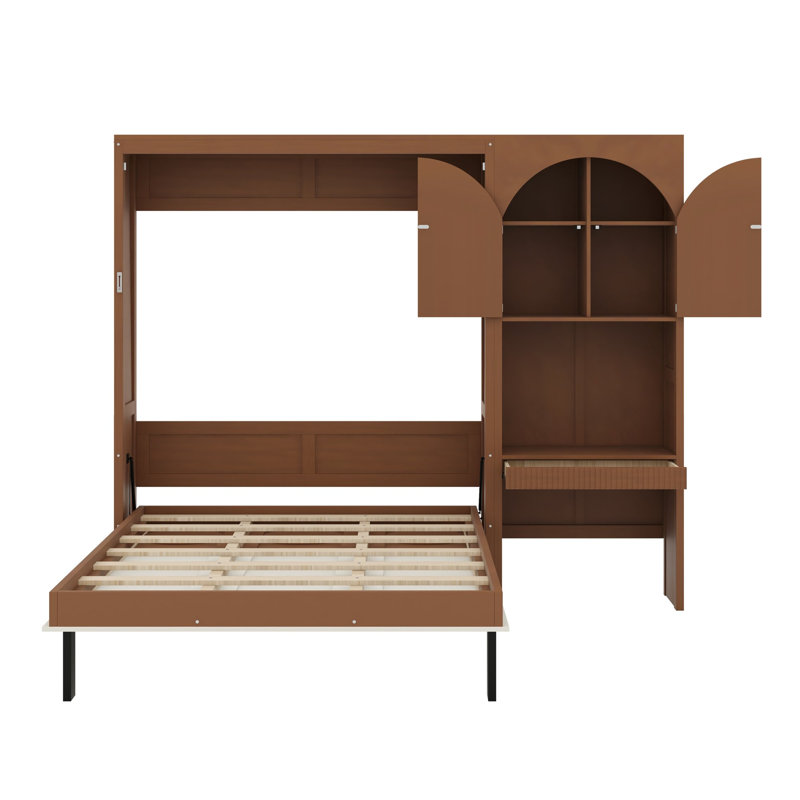 Lit escamotable avec armoire de rangement latérale, bureau intégré, tiroirs et portes cintrées pour studios ou chambres d'amis