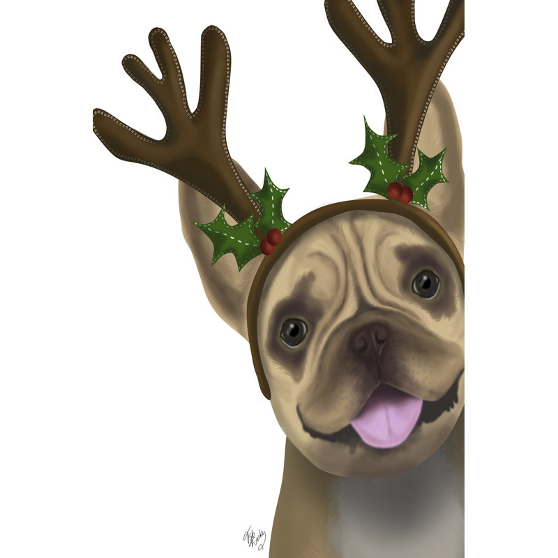 French Bulldog, Antlers 2 by Fab Funky - Wrapped Canvas Painting, 122cm H x 81cm W