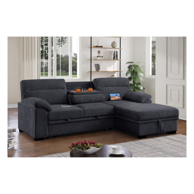 Canapé d'angle convertible Kipling II de 95 pouces en chenille gris foncé avec méridienne de rangement à droite, lit gigogne et console rabattable avec port USB de chargement
