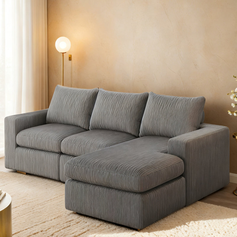 Canapé modulaire en L Boneless en forme de L avec méridienne et trois coussins Boneless, Velours côtelé gris