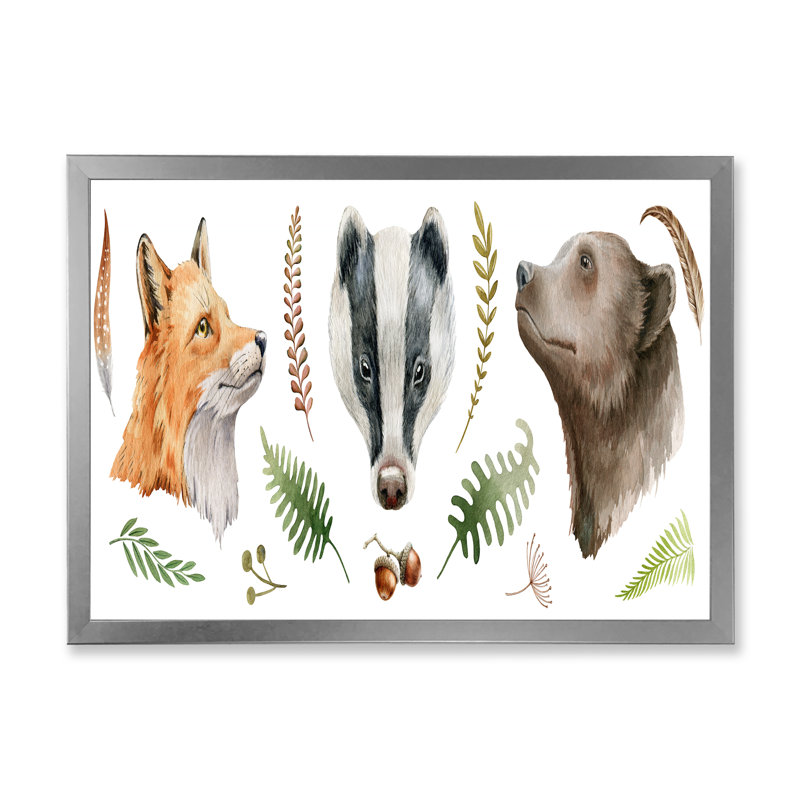 Fox Bear and Badger - reproduction sur toile, Toile argentée avec cadre d'angle fermé, H 34 po x l 44 po