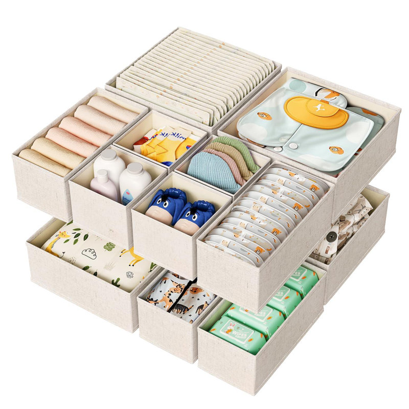 Organisateur de tiroir en coton et lin pour vêtements de bébé, diviseur de commode pour lit de bébé pliable 12 pièces, ensemble de tiroir de commode multi-tailles, beige