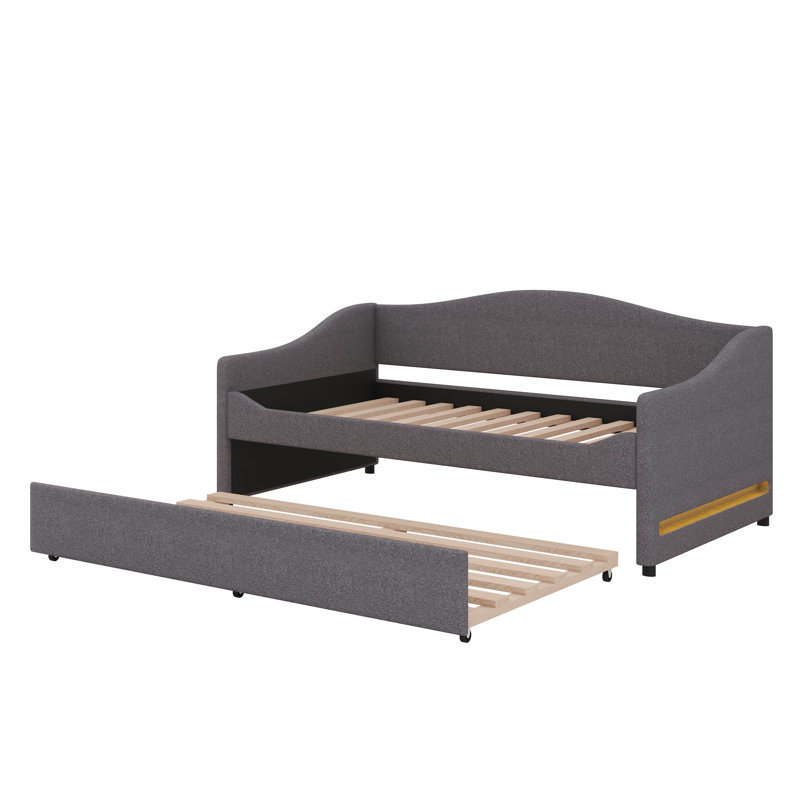 Teddy Daybed With Built-In Lighting And Pull-Out Shelves, Grey, Twin