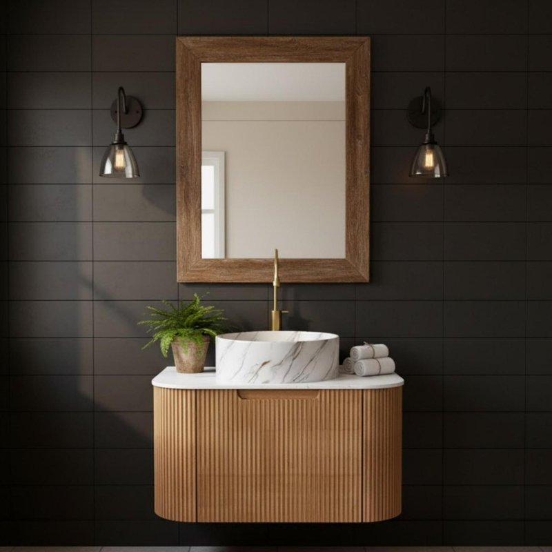 Armoire de salle de bain murale 24 po à bords courbés et rayée avec lavabo rond en céramique blanche à motif de pierre, 24"