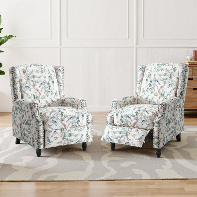 Upholstered Classic Wing Back Manual Push Back Recliner With Naihead Trims And Solid Vase-Shape Wooden Legs