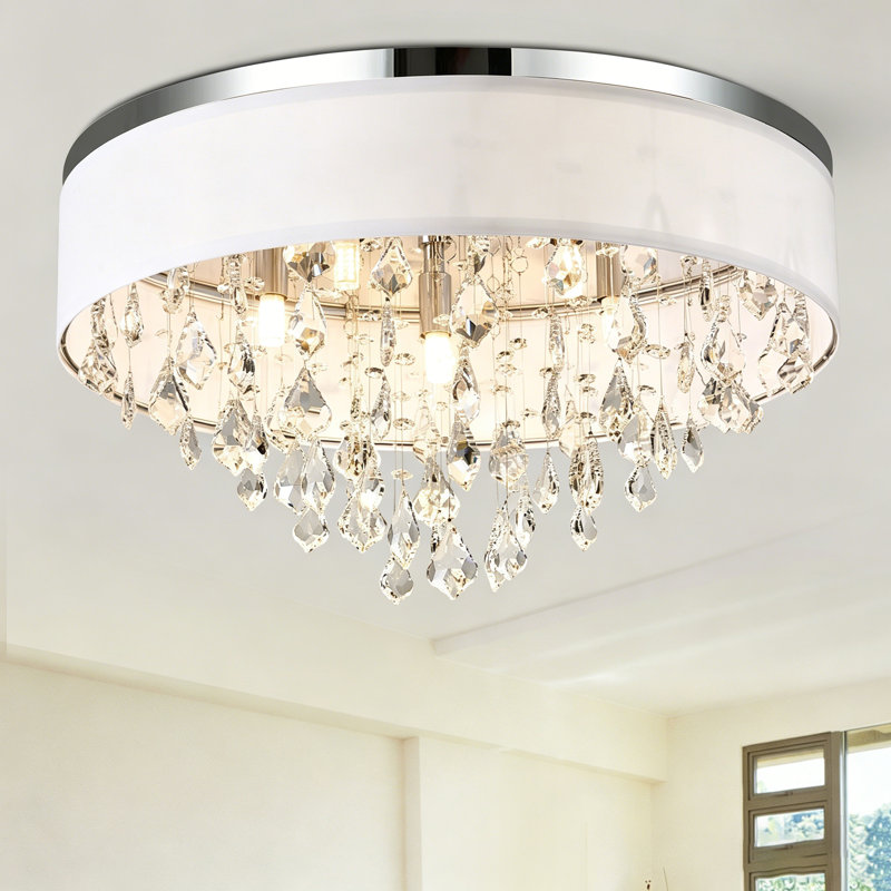 19.5" Crystal Ceiling Light, 3-Light Chandelier with White Fabric