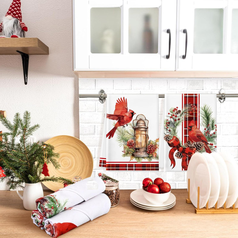 6 Pcs Christmas Kitchen Towels Cardinal Bird Christmas Hand Towels Xmas Bird Bell Holly Berry Branch Dish Clothes Vintage Xmas Tea Dishclothes For Kitchen Bathroom Hotel Home Decor