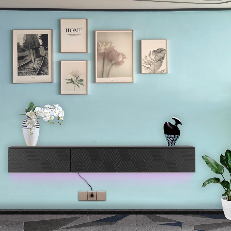 Meuble télé flottant fixé au mur avec 16 DEL de couleur pour téléviseur de 70 po, Noir