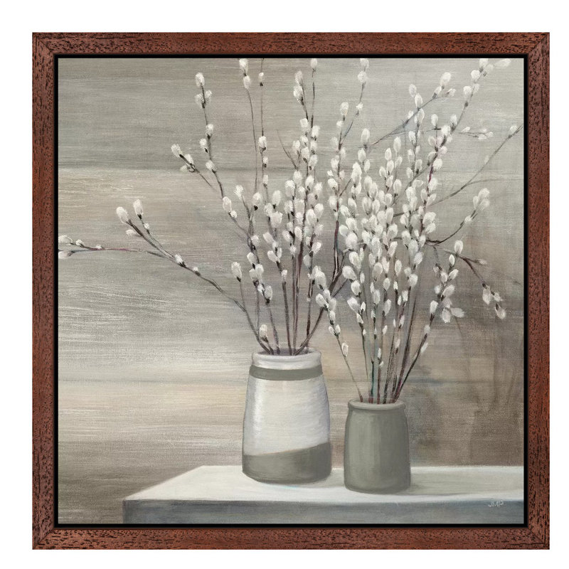 Pussy Willow Still Life Grey Pots Crop by Julia Purinton - Print on Canvas, Brown Framed, 93.98 cm H x 93.98 cm W