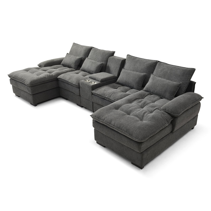 130"  U-Shaped Sofa With Console,Cupholders,6-Seat Upholstered Primary Living Space Furniture,Sleeper Couch Set With Chaise For Living Room,Apartment, (Grey)