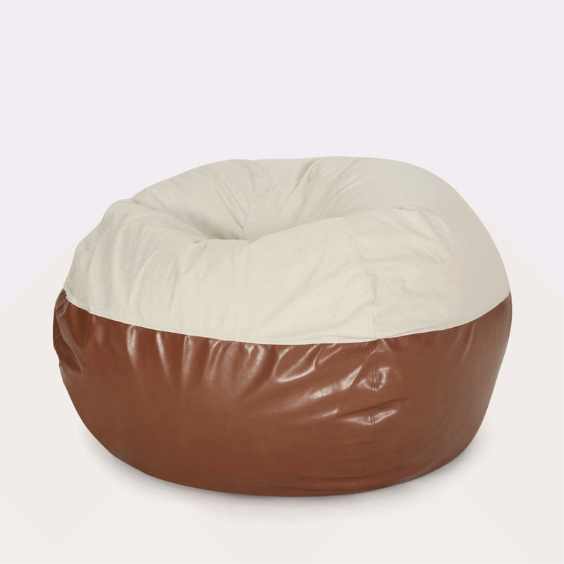 5 Foot Two Color Fabric And Faux Leather Rounded Bean Bag, Beige Faux Leather