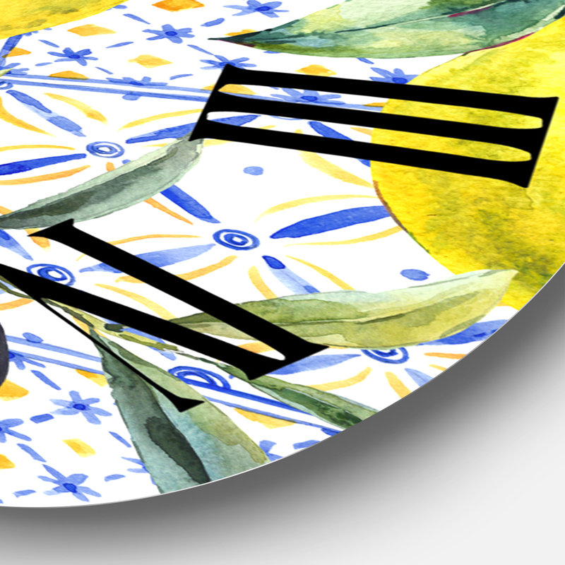 Ornement de citron sur un motif géométrique bleu III - Horloge murale tropicale, Surdimensionné