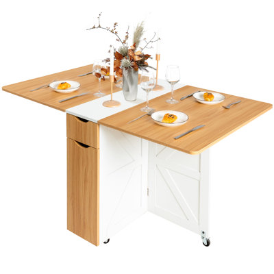  Vuyo Folding Dining Table, Drop Leaf Dining Table With 6 Wheels And 2-Layer Storage Shelf, Space Saving Dining Table For Small Spaces,Folding Kitchen Table