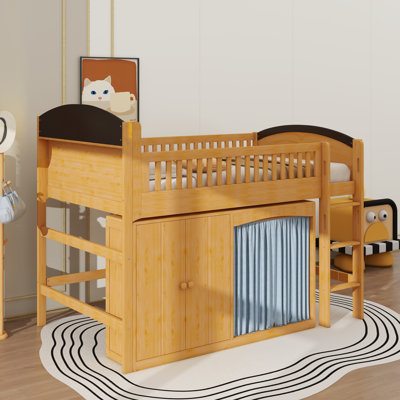 Lit mezzanine avec garde-robe et armoire de rangement, lit mezzanine moderne en bois massif avec DEL, rangement et échelle, garde-corps