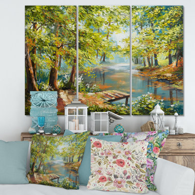 Autumn Forest With Meandering River - 3 Piece Wrapped Canvas Painting