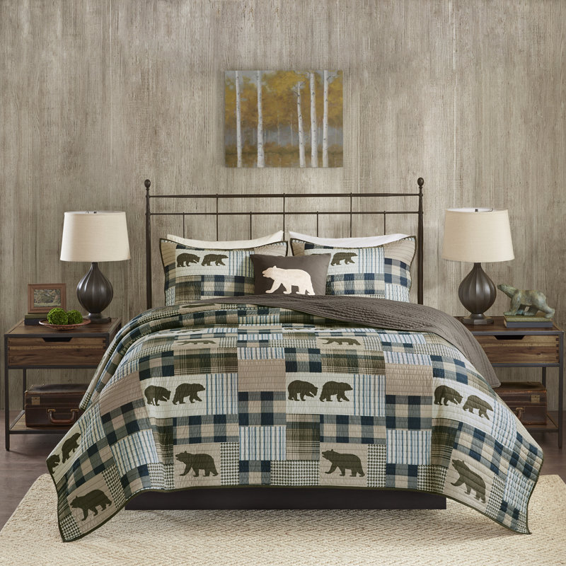 Brown and Blue Reversible Full Microfiber Quilt Set