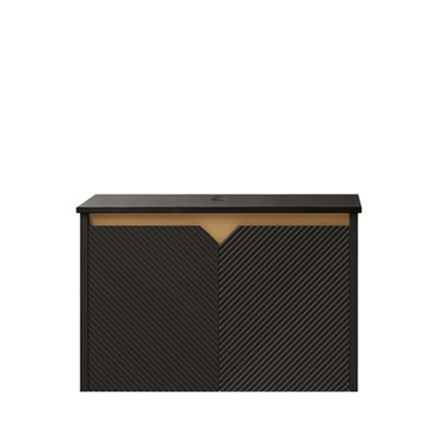 24" Wall-Mounted Black Plywood Cabinet and Black Sintered Stone Countertop, NO Basin, NO Faucet and Sink Cover