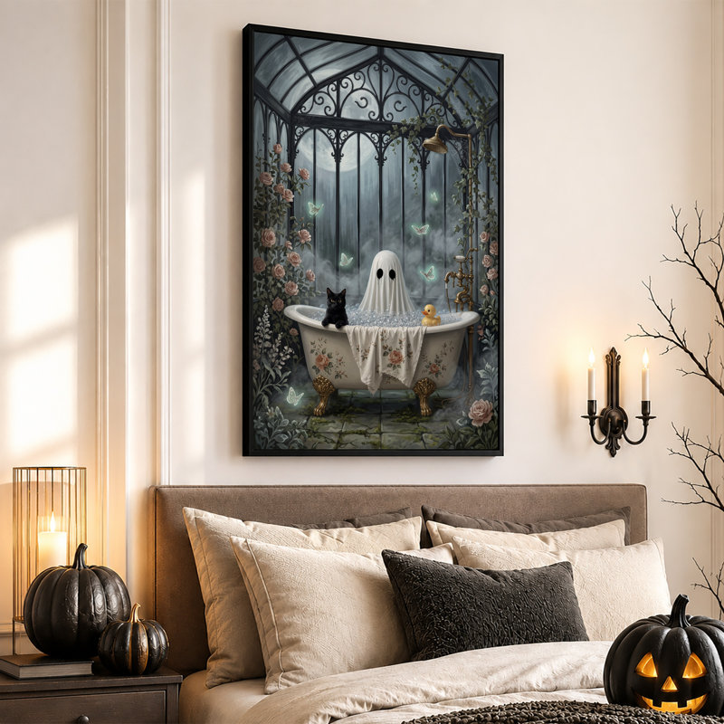Toile fantôme dans une baignoire avec un chat noir au clair de lune, H 24 po x l 16 po