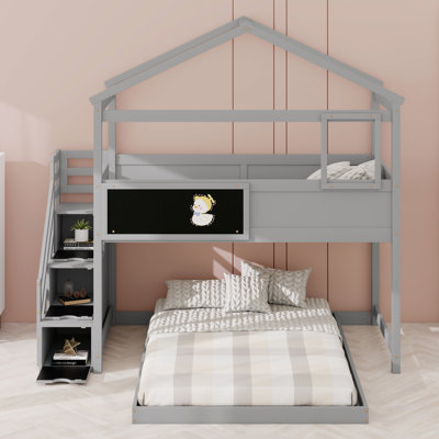 Wood Kids Bunk Bed With Blackboard, Roof ,Window And Storage Stair