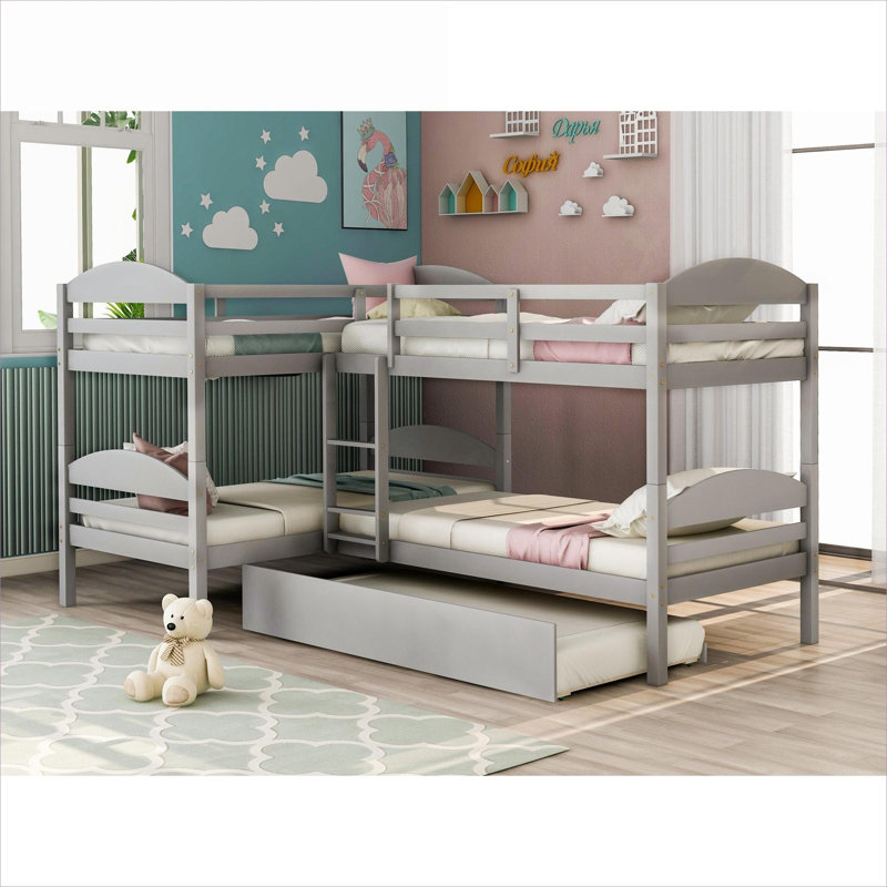 Platform Bed Neutral Grey Solid Wood L-Shaped Bunk With Trundle For Family Bedrooms And Overnight Guests