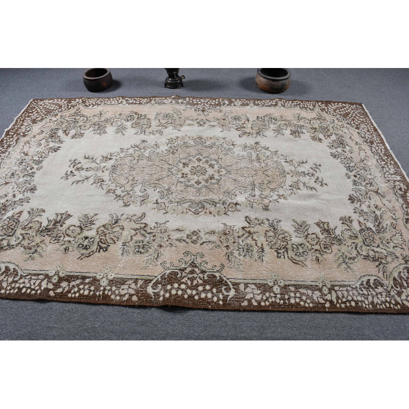 Grand tapis turc rétro fait à la main idéal pour les salons spacieux et les objets de décoration intérieure brun / beige