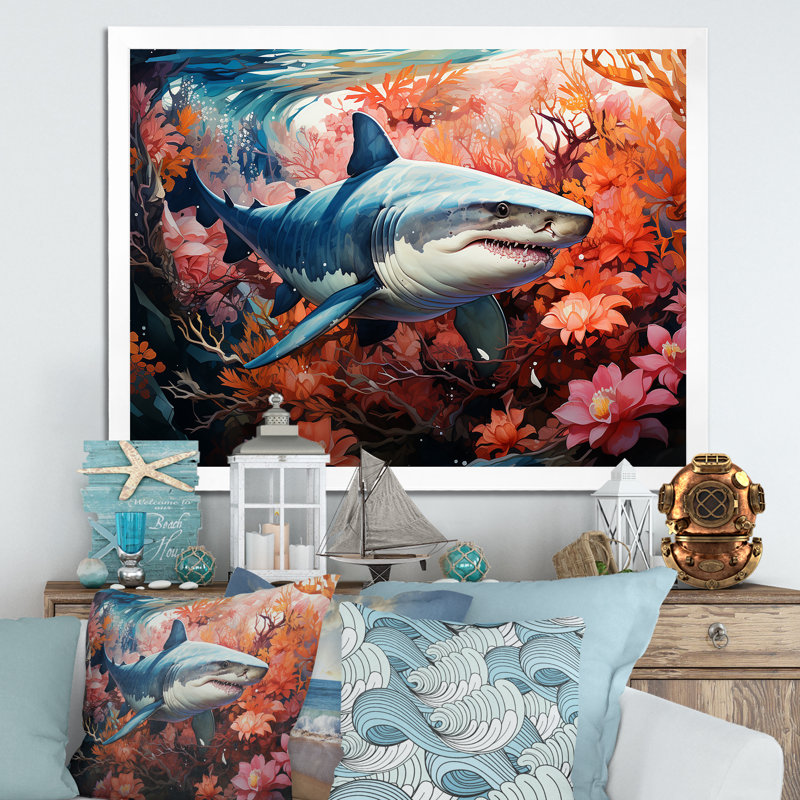 " Lemon Shark Encounter Landscape ", 24" H x 32" W x 1" D, White Single Picture Framed