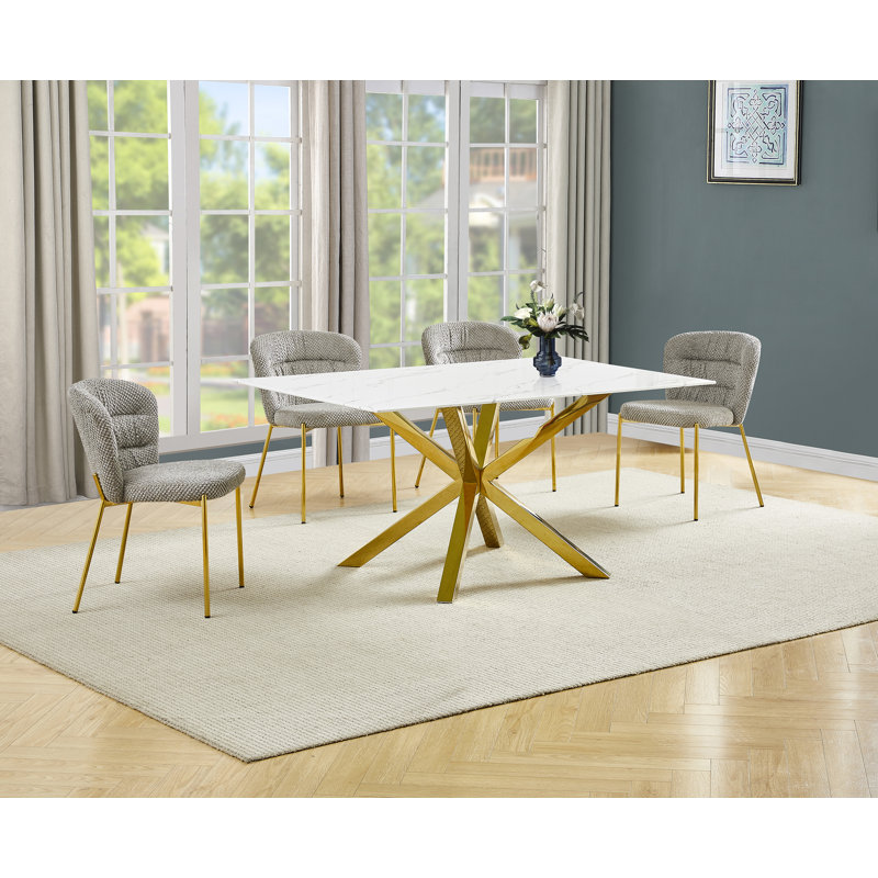 Ensemble de salle à manger rectangulaire en verre avec revêtement en marbre blanc avec chaises moelleuses, Gris