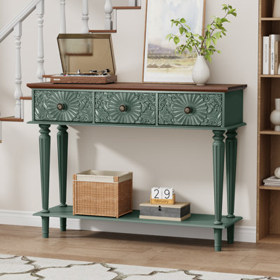 42" Console Table with 3 Hand-Carved Sunburst Rosette Drawers, Slim Accent Sofa Table with Tapered Legs and Lower Shelf, Green