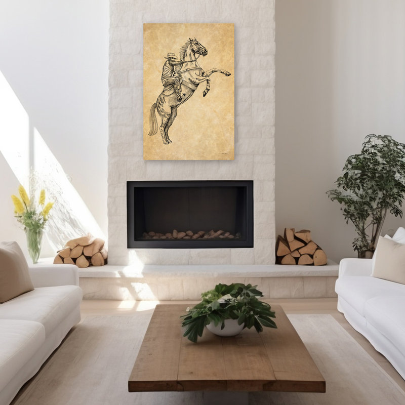 «Cowboy on Horse II», dessin rétro d'un cowboy, H 48 po x l 32 po