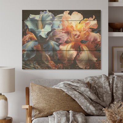 Irises Burst With Fierce Brushwork Dreamscape I - Irises Wood Wall Art On Natural Pine Wood