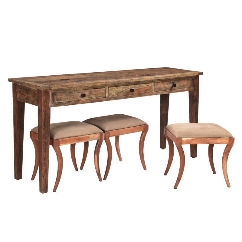 Jae Sofa Table, Console Table with 3 Upholstered Stools, Made with Solid Wood, 76x22x36