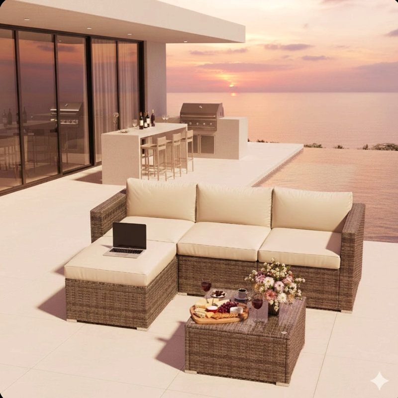 5-Piece All-Weather Wicker Patio Conversation Set With Cushions And Glass Table, Beige