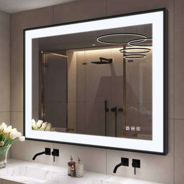 Hemme 2.3in Wide LED Bathroom Mirror Black Frame Vanity Mirror Bluetooth Dimmable 3 Color Temperature Ivy Bronx