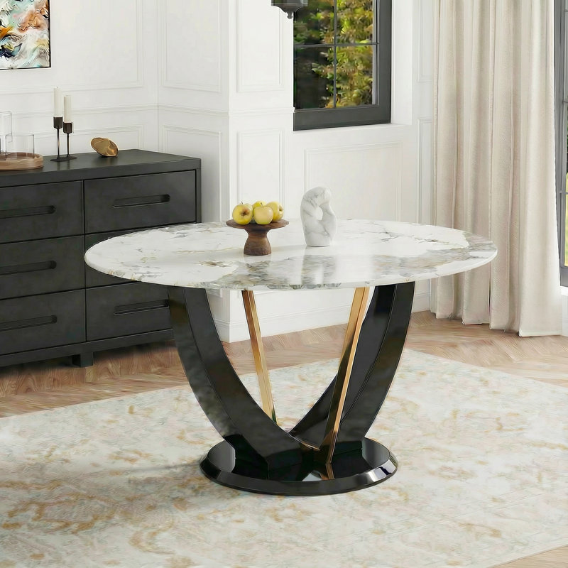 Round Dining Table For 4/6, 48 Inch Dining Room Table, Wood Small Kitchen Table With Stable Pedestal, White/Black