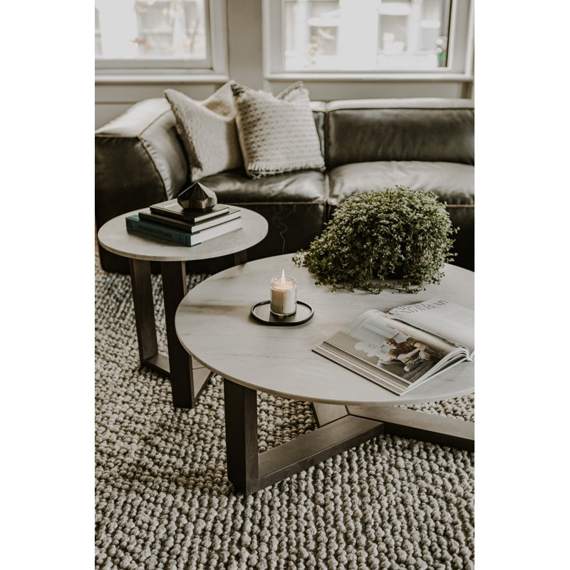 Round Marble and Acacia Wood Side Table