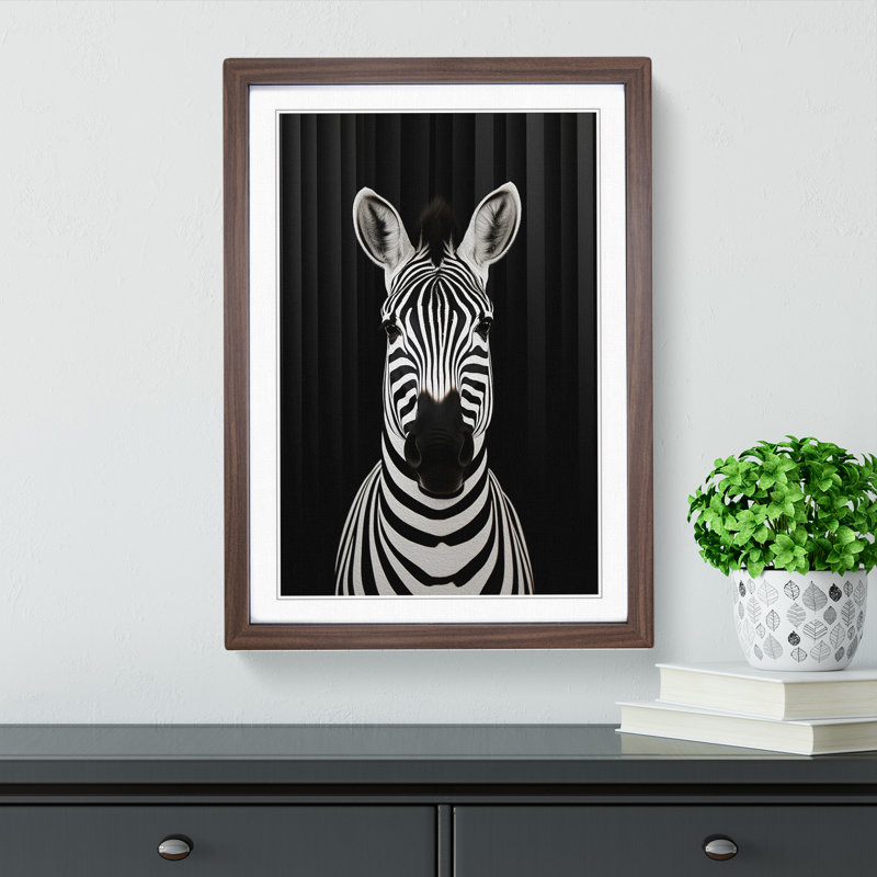 Zebra Minimalism No.2 - Single Picture Frame Print on Wood, Walnut, 64cm H x 46cm W x 2cm D