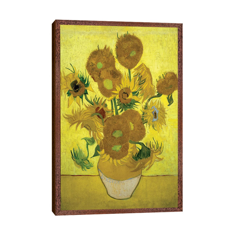 Sunflowers (Repetition Of The Fourth Version), 1889 by Vincent Van Gogh - Floater Frame Painting on Canvas, Brown Framed