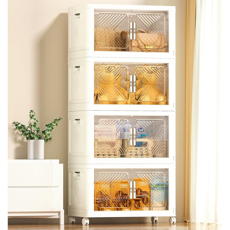  Plastic Stackable Storage Bins, Folding Organizer Boxes With Wheels And Magnetic Doors for Home & Office