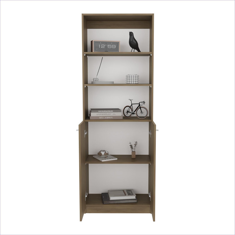 Bibliothèque chaleureuse à 2 portes beige à plusieurs niveaux, unité de rangement résidentielle et de bureau, fabrication en panneau de fibres à densité moyenne avec rangement ouvert et fermé