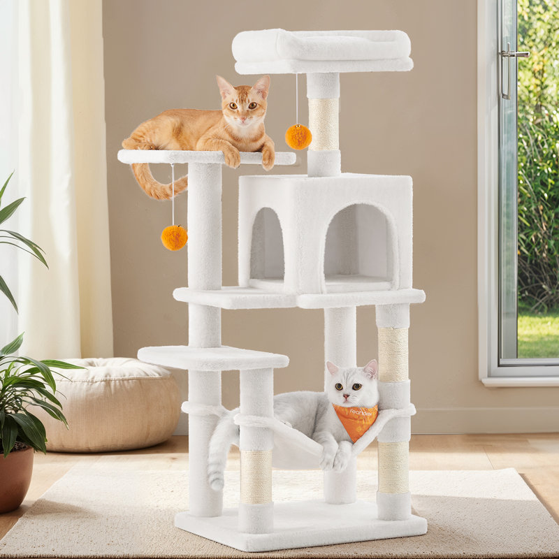 143cm H Cat Tree, 112cm H x 62cm W x 46cm D, Cream White